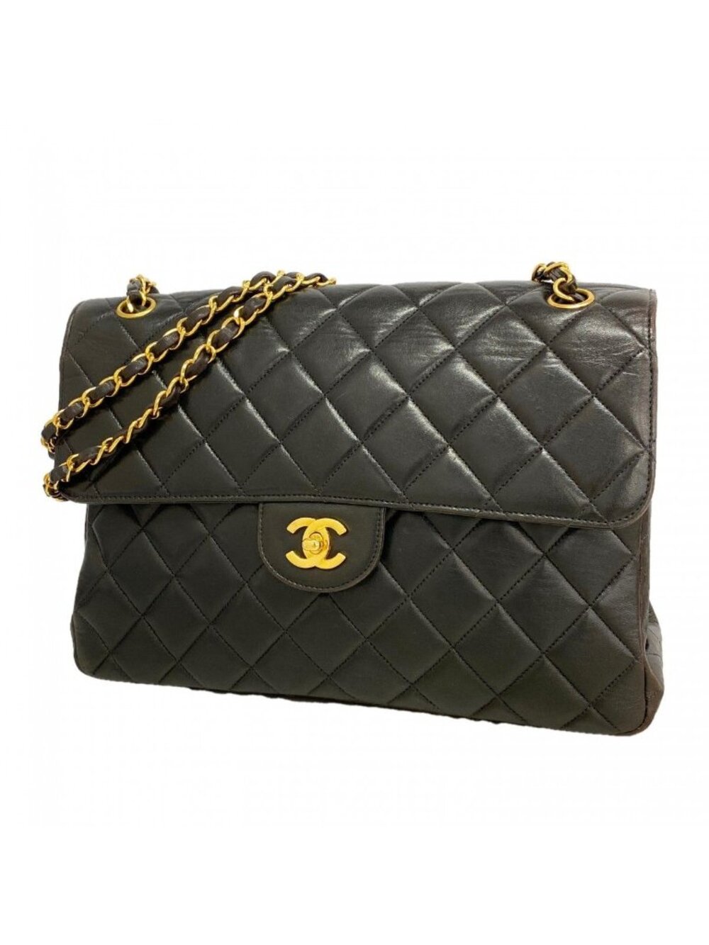 Chanel Shoulder Bag Maxi Quilted Face Lambskin Black Gold